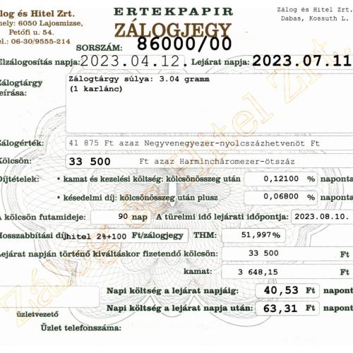 D-86000 sz. zálogjegy