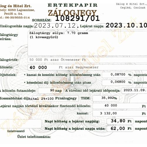 C-108291 sz. zálogjegy