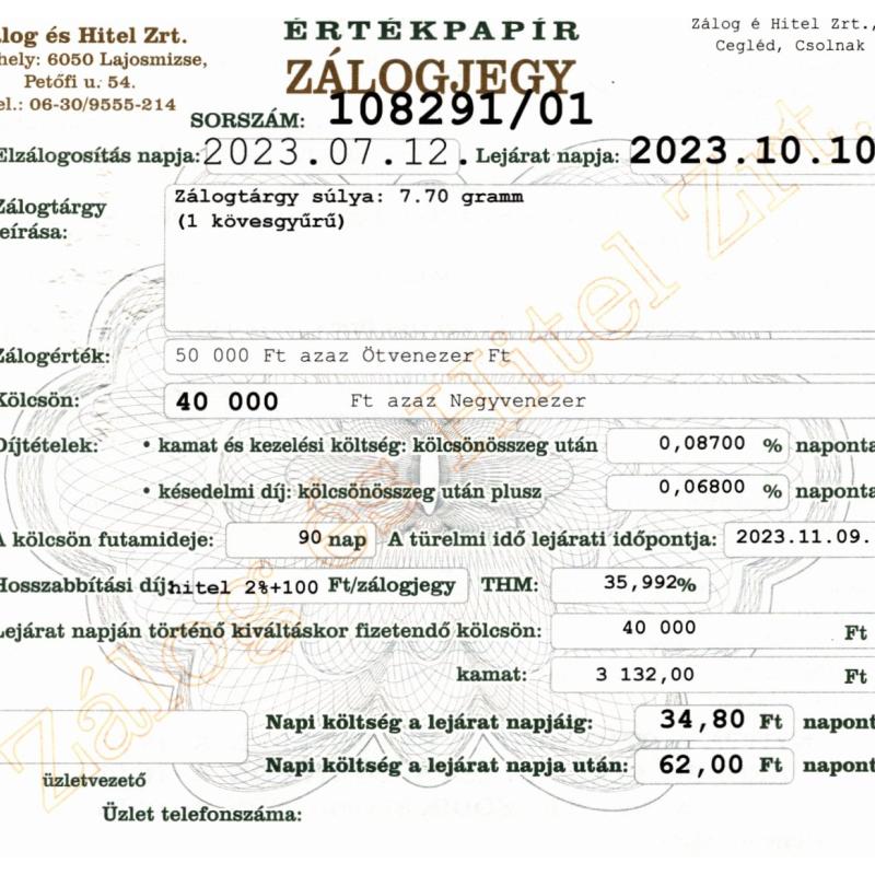 C-108291 sz. zálogjegy