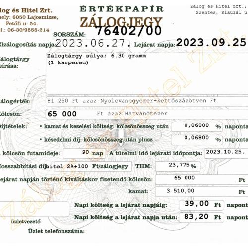 S-76402 sz. zálogjegy