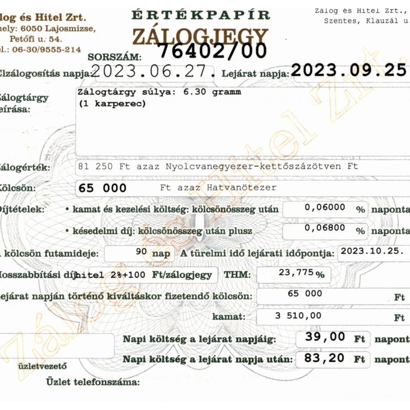 S-76402 sz. zálogjegy