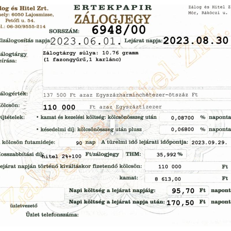 M-6948 sz. zálogjegy