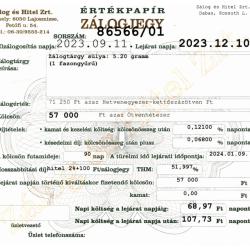 D-86566 sz. zálogjegy