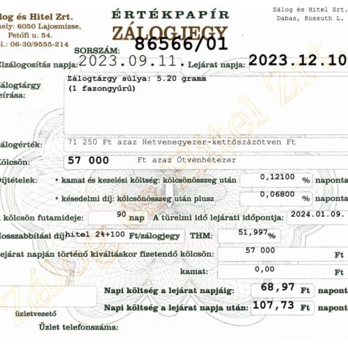 D-86566 sz. zálogjegy