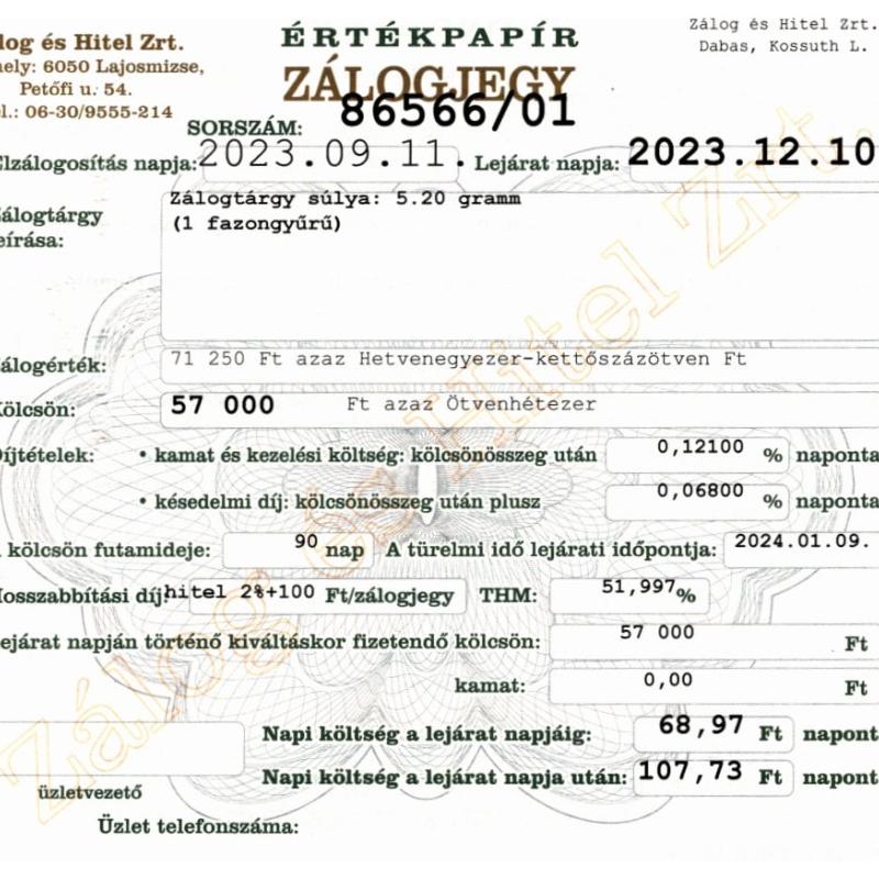 D-86566 sz. zálogjegy