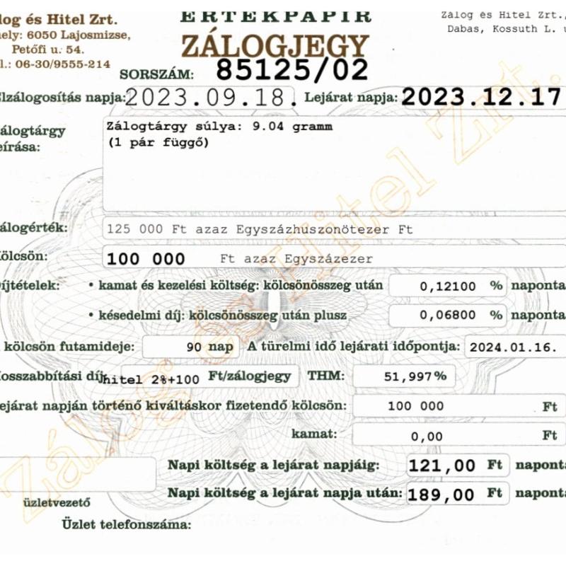 D-85125 sz. zálogjegy