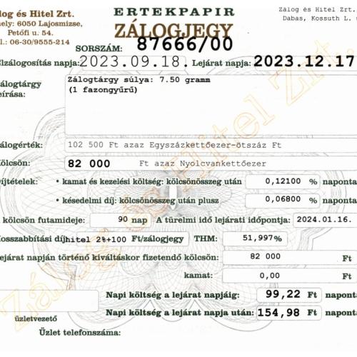 D-87666 sz. zálogjegy