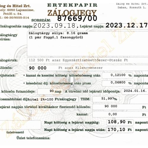 D-87669 sz. zálogjegy