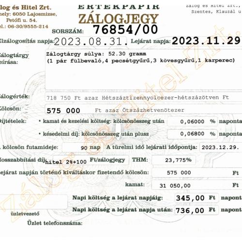 S-76854 sz. zálogjegy