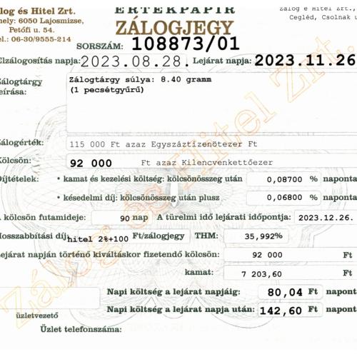 C-108873 sz. zálogjegy