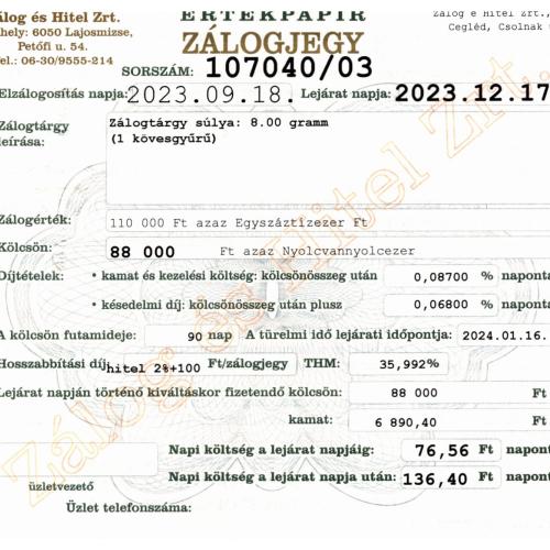 C-107040 sz. zálogjegy