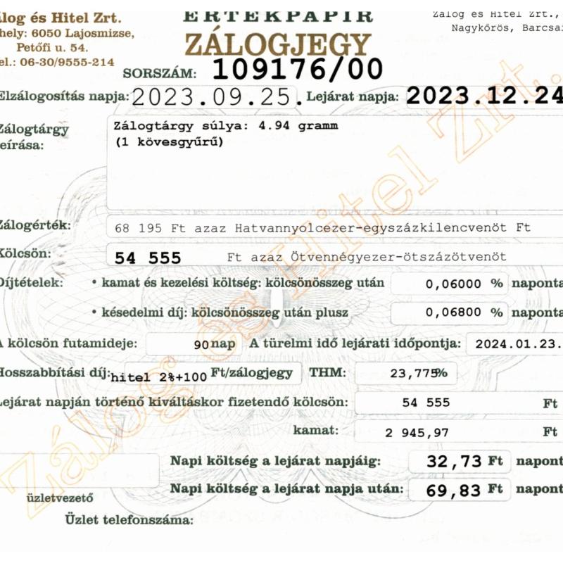 N-109176 sz. zálogjegy