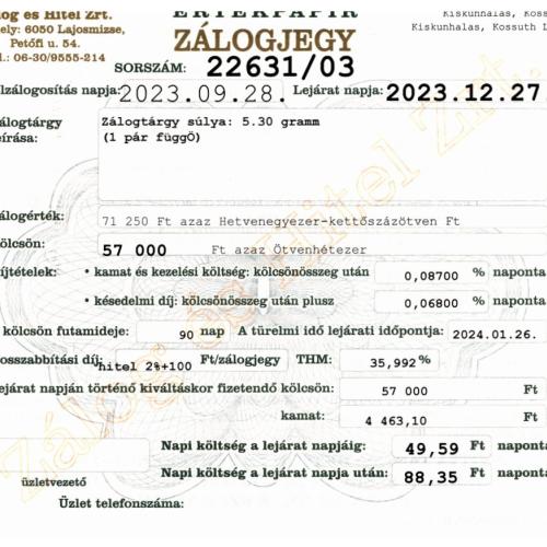 K-22631 sz. zálogjegy