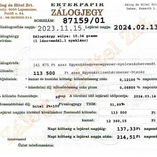 D-87159 sz. zálogjegy