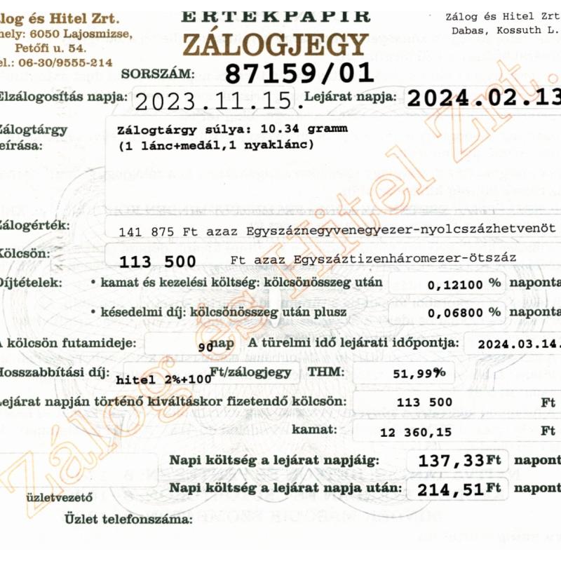 D-87159 sz. zálogjegy