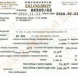 D-86500 sz. zálogjegy