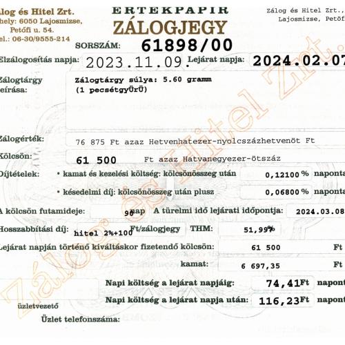 L-61898 sz. zálogjegy