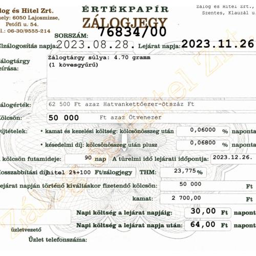 S-76834 sz. zálogjegy