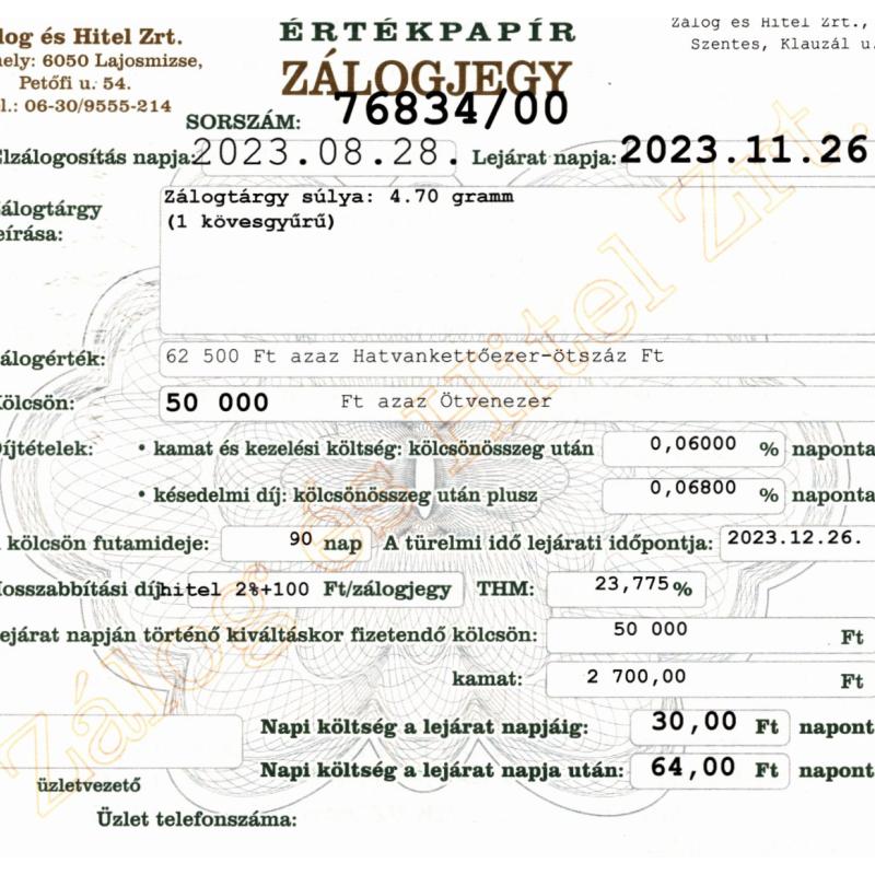 S-76834 sz. zálogjegy