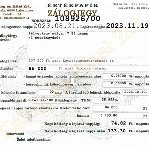 N-108926 sz. zálogjegy