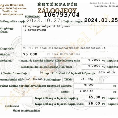 N-106793 sz. zálogjegy
