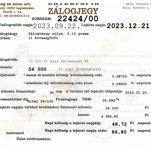 B-22424 sz. zálogjegy