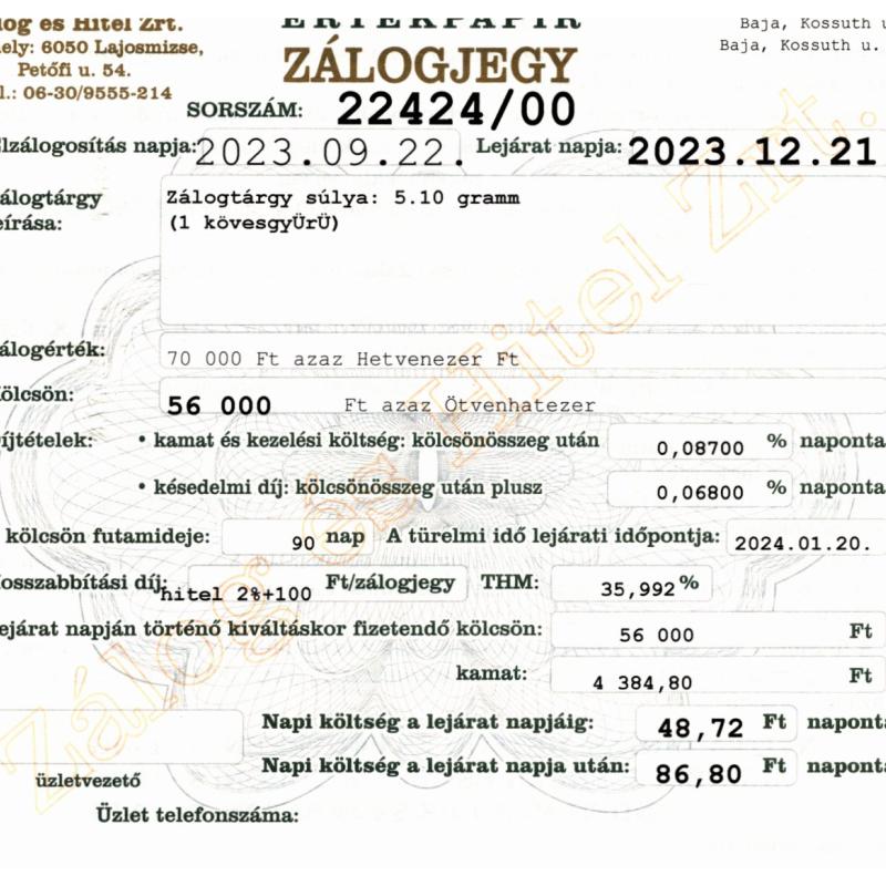B-22424 sz. zálogjegy