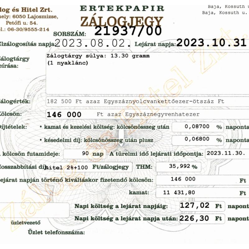 B-21937 sz. zálogjegy