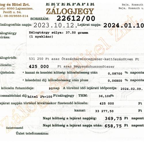 B-22612 sz. zálogjegy