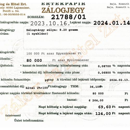 B-21788 sz. zálogjegy