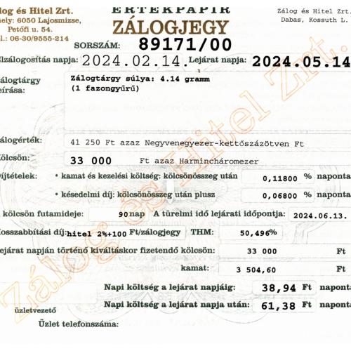 D-89171 sz. zálogjegy