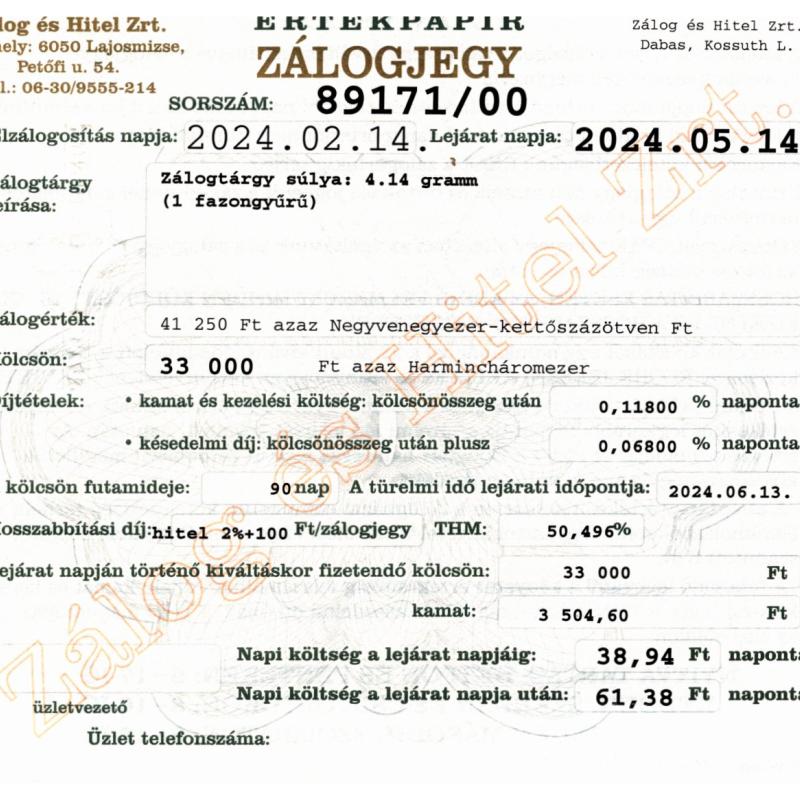 D-89171 sz. zálogjegy