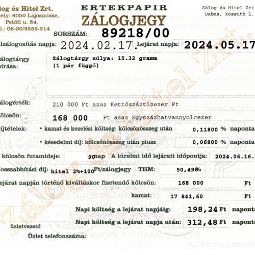 D-89218 sz. zálogjegy