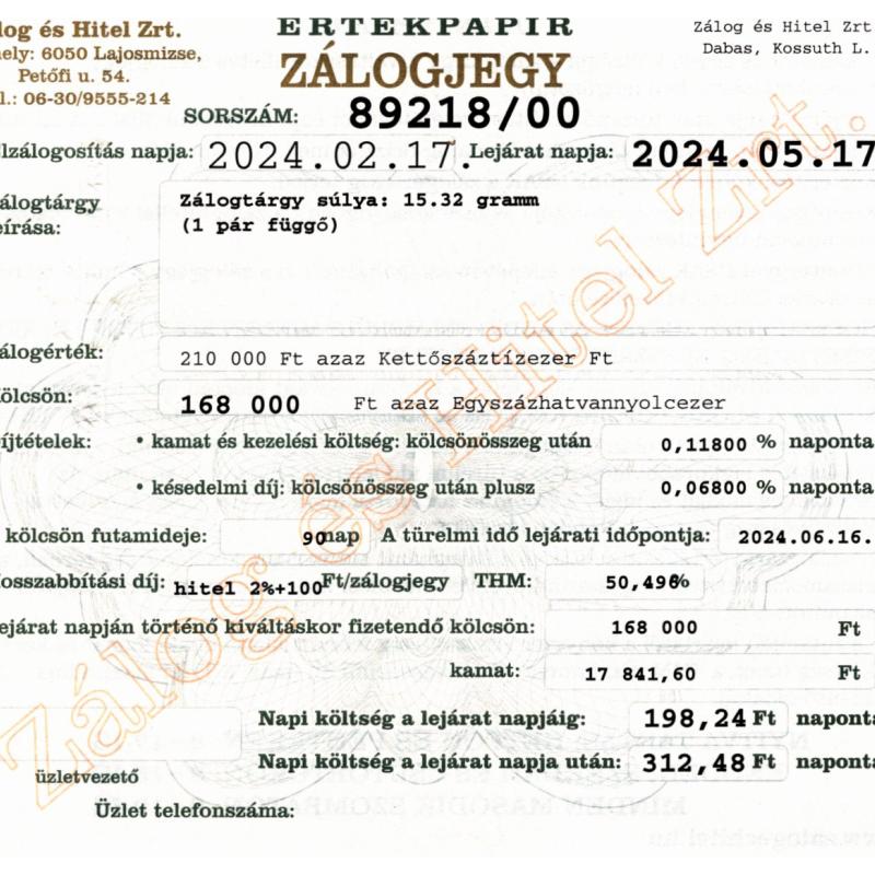 D-89218 sz. zálogjegy