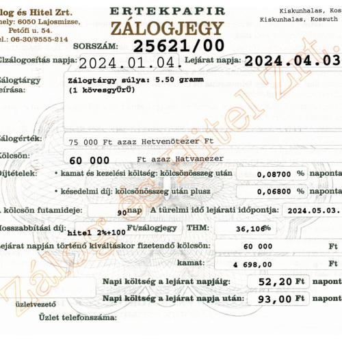 K-25621 sz. zálogjegy