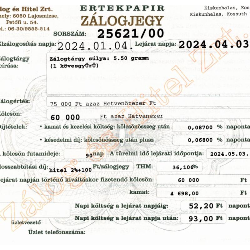 K-25621 sz. zálogjegy