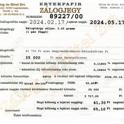 D-89227 sz. zálogjegy