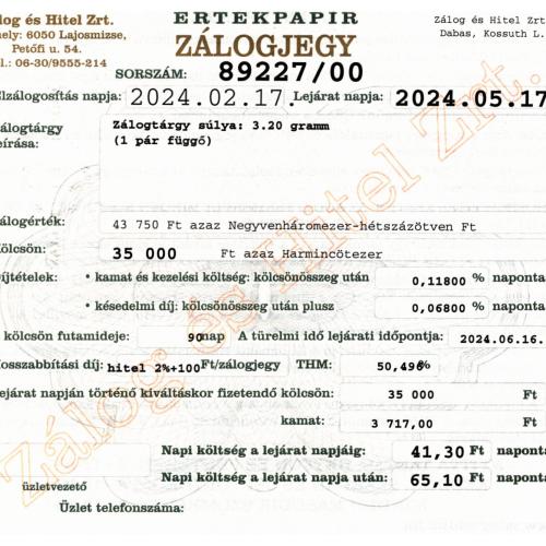 D-89227 sz. zálogjegy