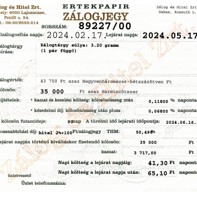 D-89227 sz. zálogjegy