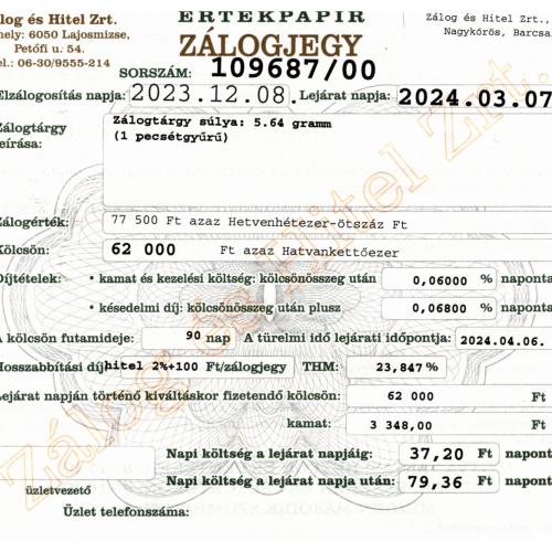 N-109687 sz. zálogjegy