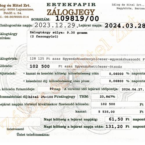N-109819 sz. zálogjegy