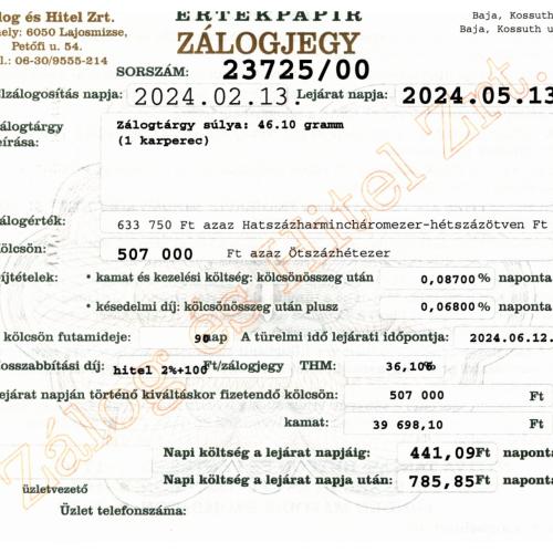 B-23725 sz. zálogjegy