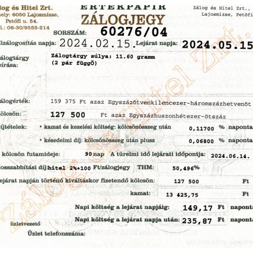 L-60276 sz. zálogjegy