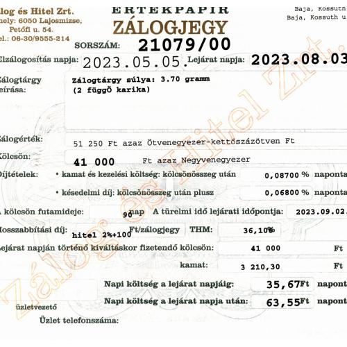 B-21079 sz. zálogjegy