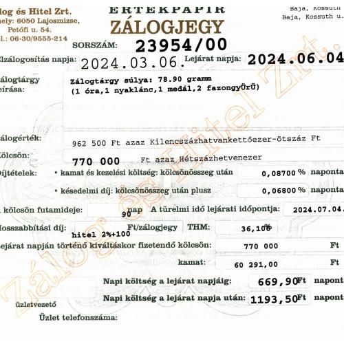 B-23954 sz. zálogjegy