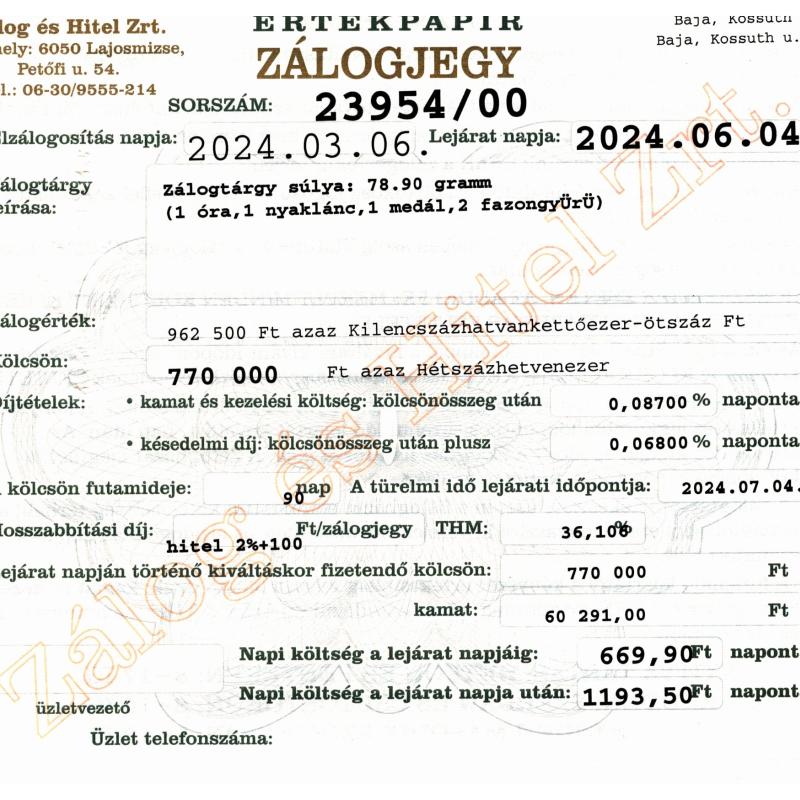 B-23954 sz. zálogjegy