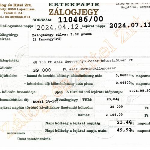 N-110486 sz. zálogjegy