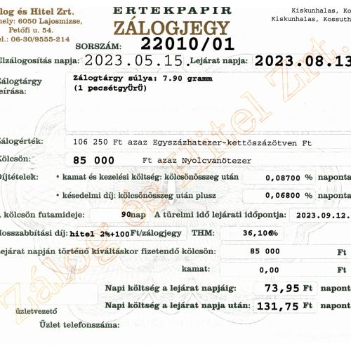 K-22010 sz. zálogjegy