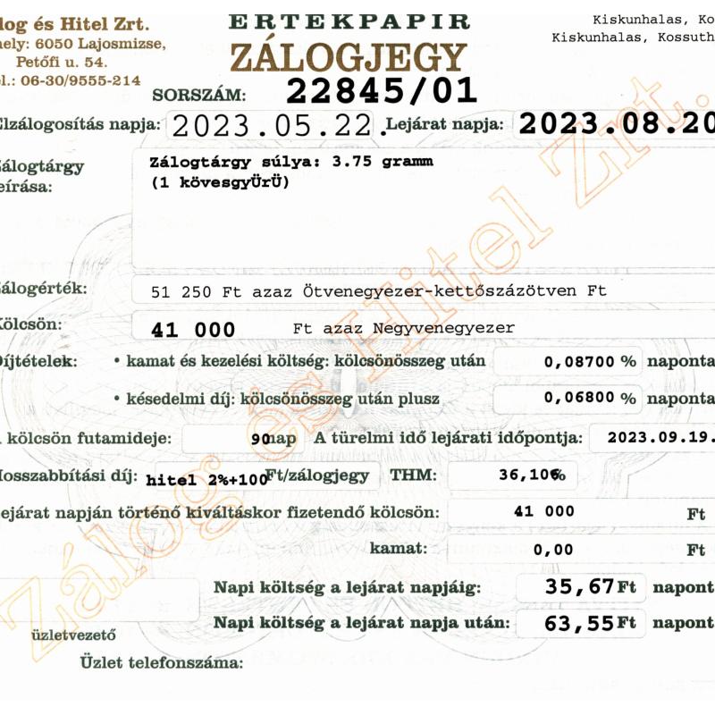 K-22845 sz. zálogjegy