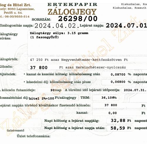 K-26298 sz. zálogjegy